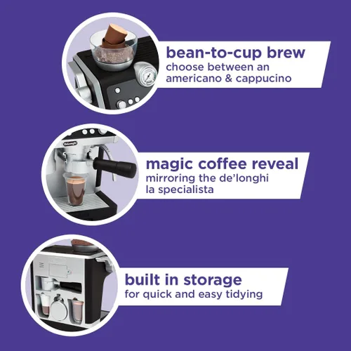 Vista 6 de Casdon De'Longhi Toys Barista Cafetera. Juego de cocina de juguete para niños con partes móviles, sonidos realistas y revelación de café mágico.