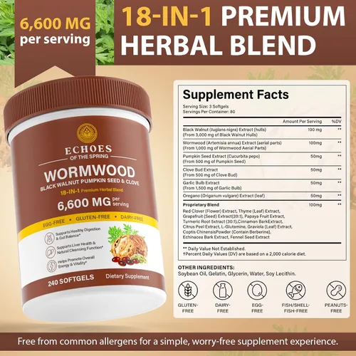 Vista 8 de Limpieza de clavo de nogal negro de ajenjo para humanos – Fórmula de apoyo digestivo y salud intestinal 18 en 1, 6600 mg por porción, 240 cápsulas