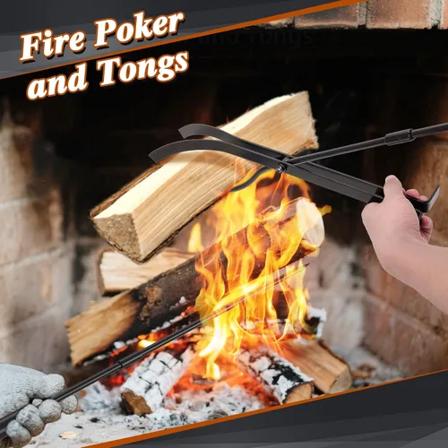 Vista 6 de FUQUN Juego de herramientas para chimenea, 5 piezas de póquer resistente con soporte, accesorios de hierro forjado para estufa de leña