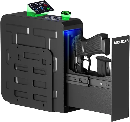 Vista 8 de Caja fuerte biométrica para pistola de mano con huellas dactilares, acceso rápido de 3 formas deslizante, caja fuerte para pistola, caja