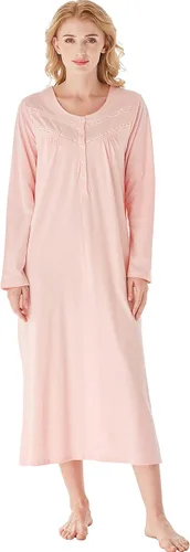 Vista 17 de Keyocean Camisones para mujer, de algodón suave, cómodo, ligero, de manga larga, vestidos de noche para mujer Azul