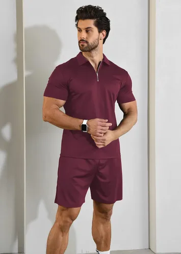 Vista 4 de YTD Conjunto de camisa polo y pantalones cortos casuales de manga corta para hombre, conjunto de dos piezas de verano con cremallera para hombre