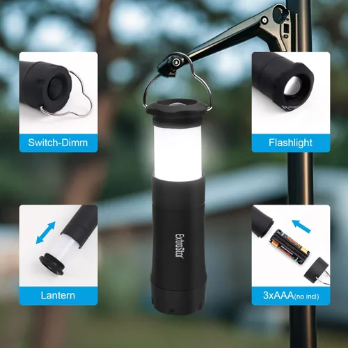 Vista 4 de EXTRASTAR - Linternas LED para acampar, linterna de 2 en 1 a batería, antorcha con zoom 3 modos, máximo 35 lúmenes, resistente al agua IPX2