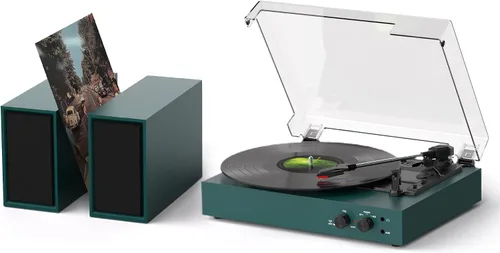 Vista 16 de Tocadiscos de vinilo vintage con altavoces estéreo externos, tocadiscos de 3 velocidades con entrada Bluetooth, grabación USB a PC, parada