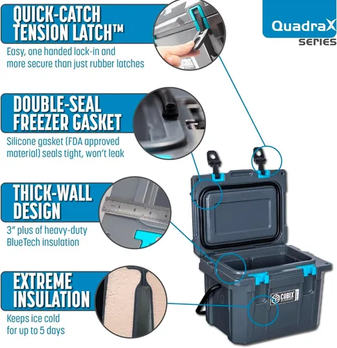 Vista 7 de Cubix Outdoors, Enfriador personal rotomoldeado QuadraX 10QT, hielera dura aislante portátil, retención de frío de 3 días, portaviandas Gris granito
