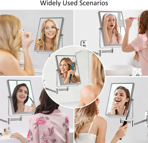 Vista 4 de QiMH Espejo de maquillaje de pared con aumento 3X Rectangular 8 x 6 pulgadas con brazo extensible Espejo giratorio de doble cara con acabado