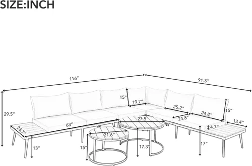 Vista 3 de RUNNA Moderno juego de muebles para exteriores, juego de sofá modular de 6 piezas con mesas de centro redondas anidables y sofá de asiento, juego