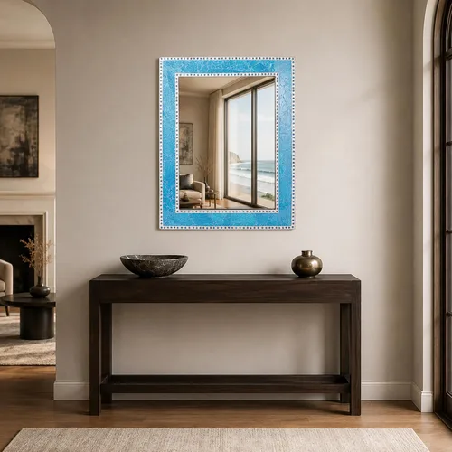 Vista 8 de Espejo de pared de mosaico de vidrio agrietado turquesa de 30 x 24 pulgadas, espejo de pared rectangular decorativo hecho a mano, colgante
