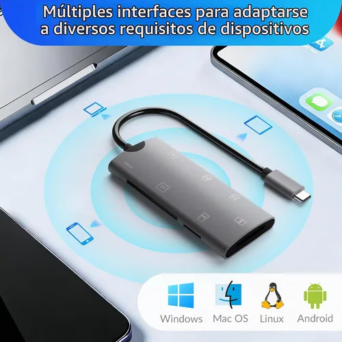 Vista 5 de Lector de tarjetas de memoria múltiple 5 en 1, lector de tarjetas de aluminio SD/TF/CF/MS/M2/Cfast/Memory Stick Pro Duo/Micro SD adaptador