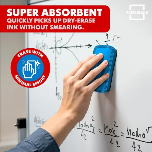 Vista 4 de SCRIBBLEDO Magnetic Dry Erase Erasers 2 Pack, Red and Blue, 2x4 Inch Whiteboard Eraser Set with Washable Soft Felt Pads, Comfortable Foam Grip Tops