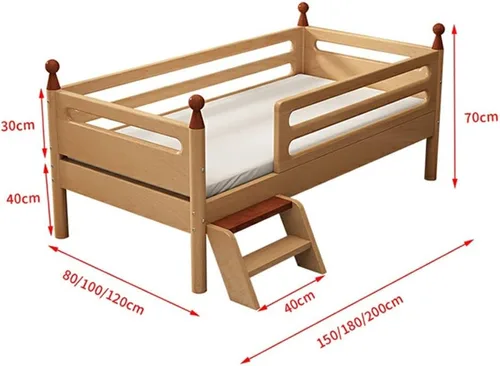 Vista 3 de Cama de madera maciza con escalera, marco de cama de plataforma de madera, colchón de empalme, cama infantil ampliada con riel de seguridad