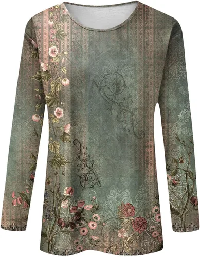 Vista 4 de Blusas de otoño para mujer 2023, blusas estampadas casuales de manga larga con cuello redondo y manga larga para mujer