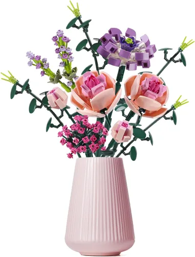 Vista 8 de Chodia Bloques de construcción de ramo de flores, clavel rosa artificial, colección botánica, juegos de ladrillos, kits de Navidad, cumpleaños