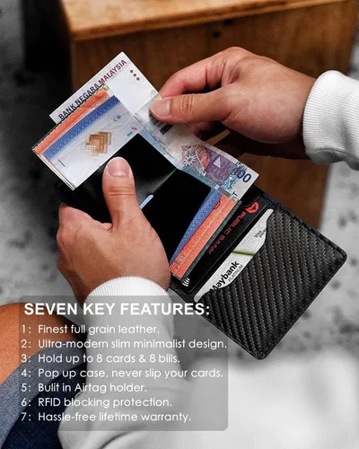 Vista 4 de Gemonklee Billetera emergente, soporte de aluminio para tarjetas de crédito con soporte para AirTag con cremallera RFID, cartera con clip