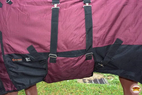 Vista 6 de HILASON Manta de Caballo de Poly Impermeable de Invierno 1200D con Envolvente de Vientre Mantas de Exterior para Caballos Vino