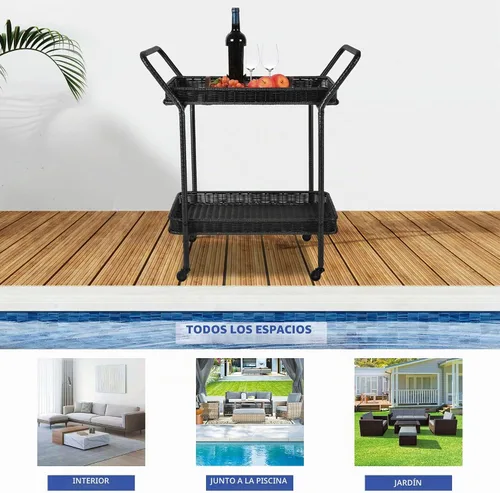 Vista 2 de Jeco Carrito de mimbre para patio en negro
