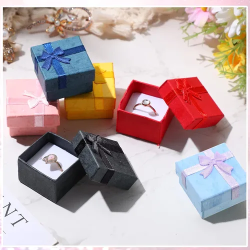 Vista 6 de 72 cajas de anillos de 1.6 x 1.6 pulgadas, caja de joyería de cartón duro con lazo de cinta, pequeñas cajas de regalo para pequeñas empresas
