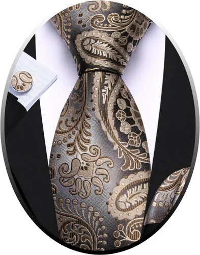 Vista 155 de Barry.Wang - Juego de corbata de seda para hombre, diseño de cachemira, pañuelo y gemelos de bolsillo