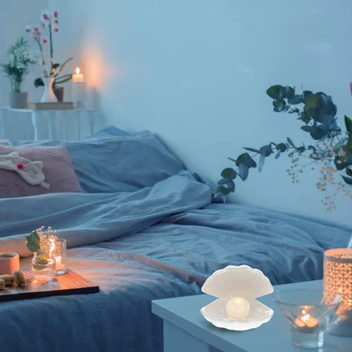 Vista 7 de IMIKEYA Shell Pearl Light White Ceramic LED Pearl in Shell Luz nocturna Escritorio portátil inspirado en el océano Lámpara de concha para dormitorio