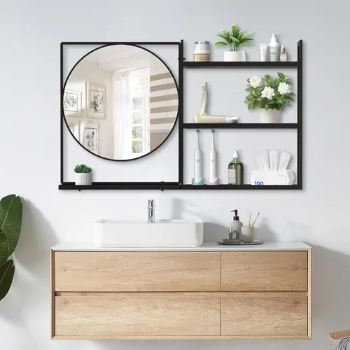 Vista 21 de Espejo de baño con estante, espejo de pared rectangular negro, marco de metal, colgante horizontal o vertical (24 x 20 pulgadas)