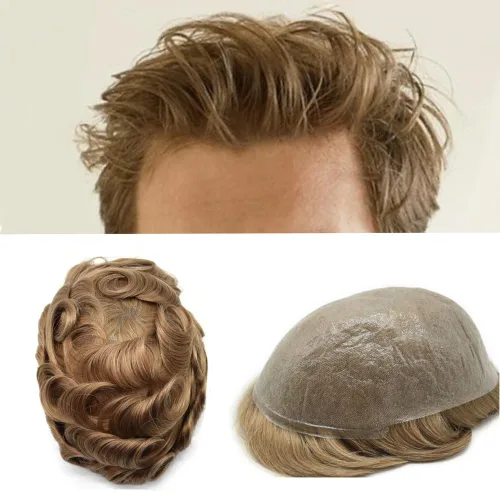 Vista 15 de Pieza de pelo para hombre, sistema de reemplazo de cabello de piel ultra fina para hombres, pieza de pelo de tupé para hombres, cabello humano real