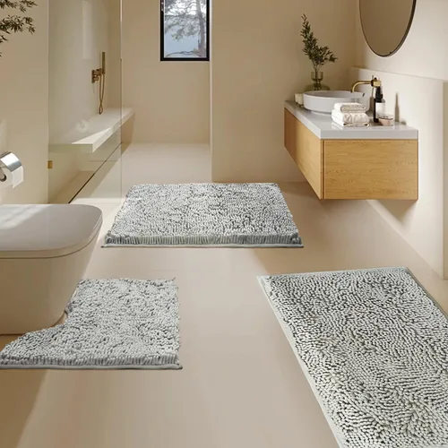 Vista 17 de Juego de 3 alfombras de baño de felpilla ultrasuave, antideslizante y súper absorbente, parte inferior de PVC fuerte, lavable a máquina, para Negro