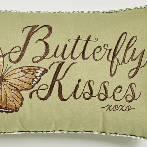 Vista 4 de Butterfly Eden - Almohada bordada de besos de mariposa, verde musgo, 14 x 20 pulgadas Mariposa bordada y palabras en rectángulo verde musgo