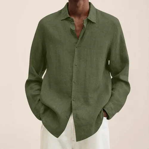 Vista 2 de Camisa de lino verde para hombre de verano algodón lino liso casual talla grande holgada cuello extendido manga larga Verde ejército L