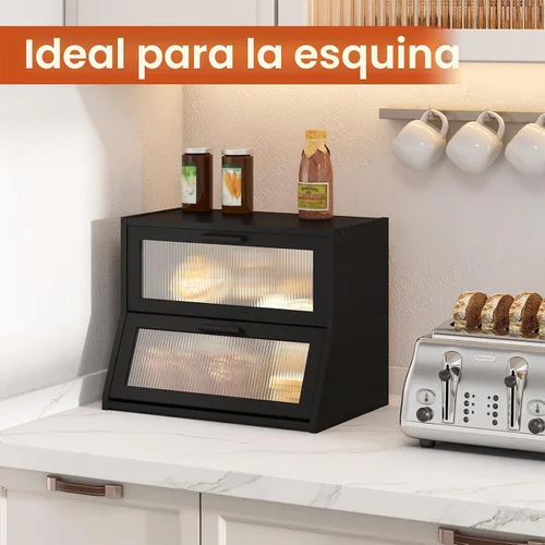 Vista 4 de GHWIE Panera de bambú de doble capa para encimera de cocina, contenedor de almacenamiento de pan de gran capacidad, recipiente para pan con panel