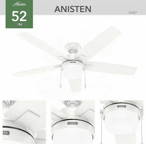 Vista 8 de Hunter Anisten 52487 - Ventilador de techo interior de 52 pulgadas con luz LED, ventilador de techo blanco con cadena de tracción, para dormitorio