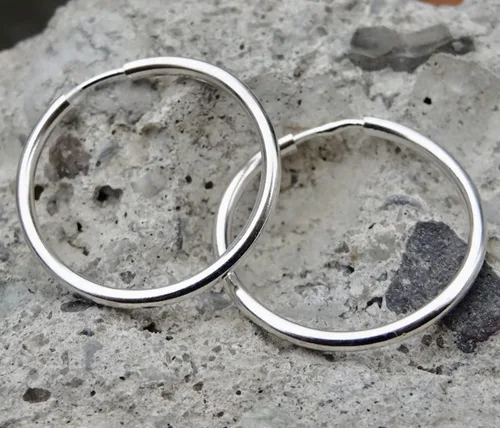Vista 2 de Hoop Earrings 20 mm Sterling Silver 925 Pair Sleeping Endless Wire Plain Round Handmade Jewelry