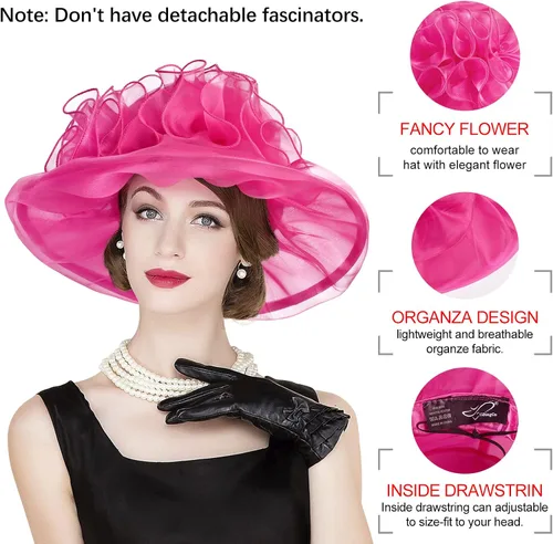 Vista 6 de YIDINGCO Derby Hats for Women 2023 with Headband Hairpin, Kentucky Organza Fascinator Church Hats Tea Party Hats for Women