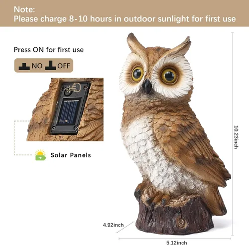 Vista 5 de Estatuas solares de jardín de búho para decoración al aire libre, figura de búho de resina con luces LED, escultura de búho para porche, patio