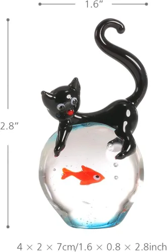 Vista 7 de Tooarts Escultura de gato y pez de colores adorno de cristal soplado a mano, regalo de cumpleaños de Navidad [negro y rojo]