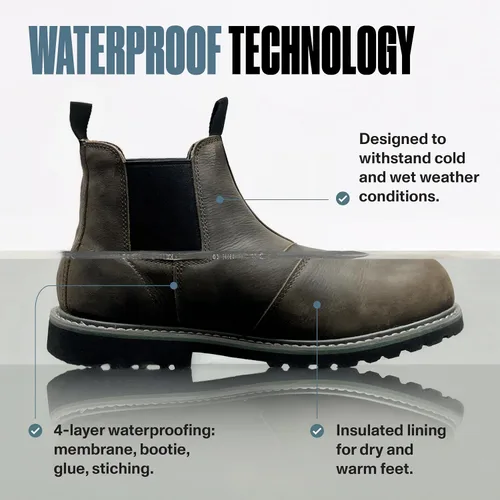 Vista 3 de EVER BOOTS Botas impermeables con punta de acero para hombre, con cierre de deslizamiento y de tira para hombre, color marrón oscuro