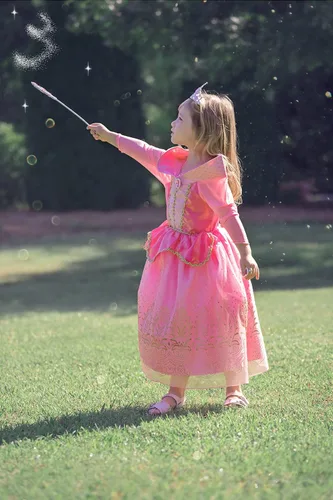 Vista 5 de Reliparty Disfraz de princesa para niñas de manga larga, vestido de fiesta de Halloween rosa con accesorios