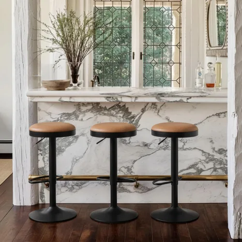 Vista 17 de CIMOTA Juego de 2 taburetes de bar redondos giratorios con espalda descubierta ajustable, taburete de bar moderno industrial para cocina, hogar