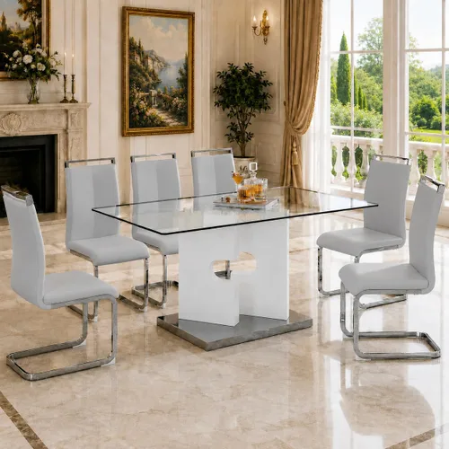 Vista 19 de Ebullient Juego de mesa de comedor de cristal de 63 pulgadas para 6, mesa de comedor de vidrio negro y base de MDF, mesa de cocina rectangular Mesa