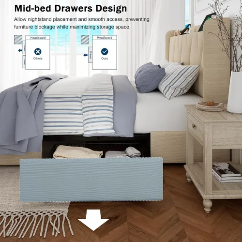 Vista 6 de GalnFu Base de cama de tamaño matrimonial con 4 cajones de almacenamiento, plataforma tapizada con estación de carga, moderna cabecera de Beige