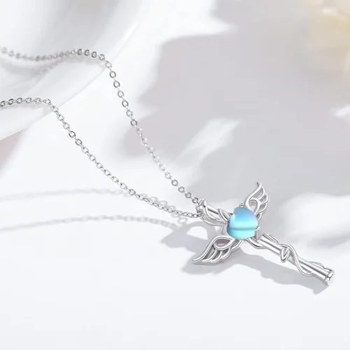 Vista 2 de Angel Necklace 925 Sterling Silver OpalMoonstoneBlue Crystal Angel Wings Cross Urn Pendant Necklace Hypoallergenic Moonstone Angel Cross Pendant