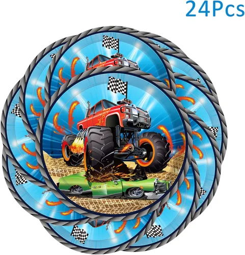 Vista 4 de OXYLIPO Paquete de 24 platos de papel de postre Monster Truck de 9 pulgadas, platos redondos desechables para automóvil, platos de fiesta, baby
