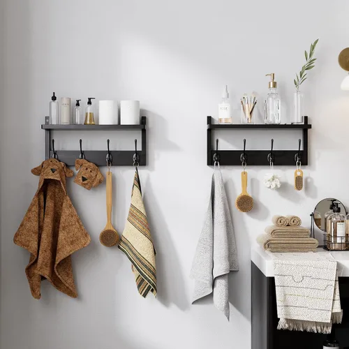 Vista 8 de STELLSTAR Perchero con estante, paquete de 2 perchas de bambú para montar en la pared con 8 ganchos para entrada, pasillo, cocina, baño, sala