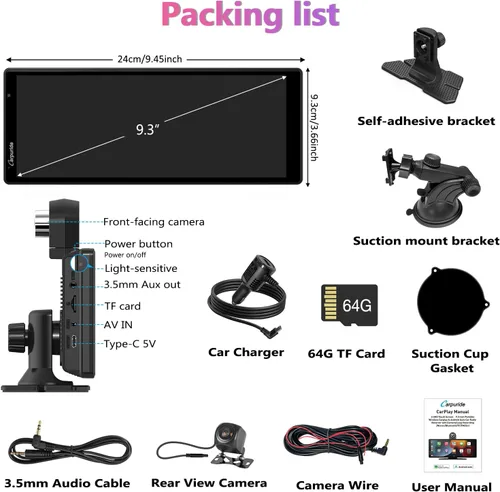 Vista 7 de CARPURIDE W903 Carplay portátil y Android Auto con cámara de salpicadero, pantalla HD IPS de 9.3 pulgadas, cámara frontal 4K y trasera 1080P