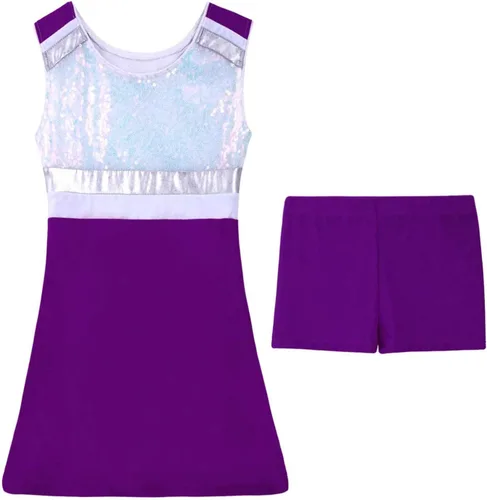 Vista 4 de Hansber Trajes de animadora para niños y niñas con pantalones cortos, sin mangas, lentejuelas, vestido deportivo, uniforme de animación, disfraz