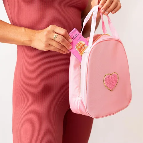 Vista 2 de Fablinks Preppy - Lonchera rosa para mujer, reutilizable, aislada, de nailon, para el trabajo, bonita lonchera compacta con parche de corazón