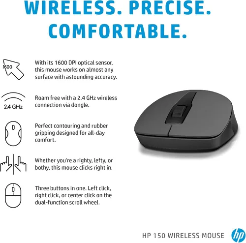 Vista 6 de HP Ratón inalámbrico 150, 3 botones con rueda de desplazamiento de control doble, sensor óptico de 1600 DPI con diseño ergonómico para comodidad