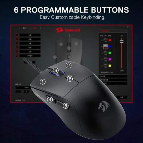 Vista 7 de Redragon M618 - Mouse para juegos con cable, mouse óptico de 8000 DPI con 6 botones programables y 5 modos retroiluminados, 70G ultra ligero, Negro
