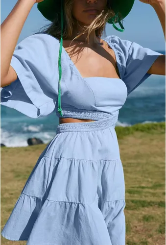 Vista 4 de Shy Velvet - Vestido de verano para mujeres, cuello cuadrado, mangas cortas, cintura cruzada, mini vestido de fiesta casual
