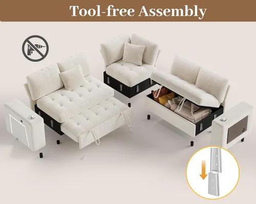 Vista 8 de Sofá modular modular de 86 pulgadas en forma de L, 5 asientos con cama Beige