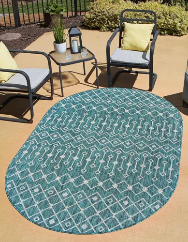 Vista 23 de Unique Loom Outdoor Trellis Collection - Alfombra de área con diseño de enrejado tribal (2 pies 2 pulgadas x 3 pies 1 pulgada, ovalada, azul/marfil)